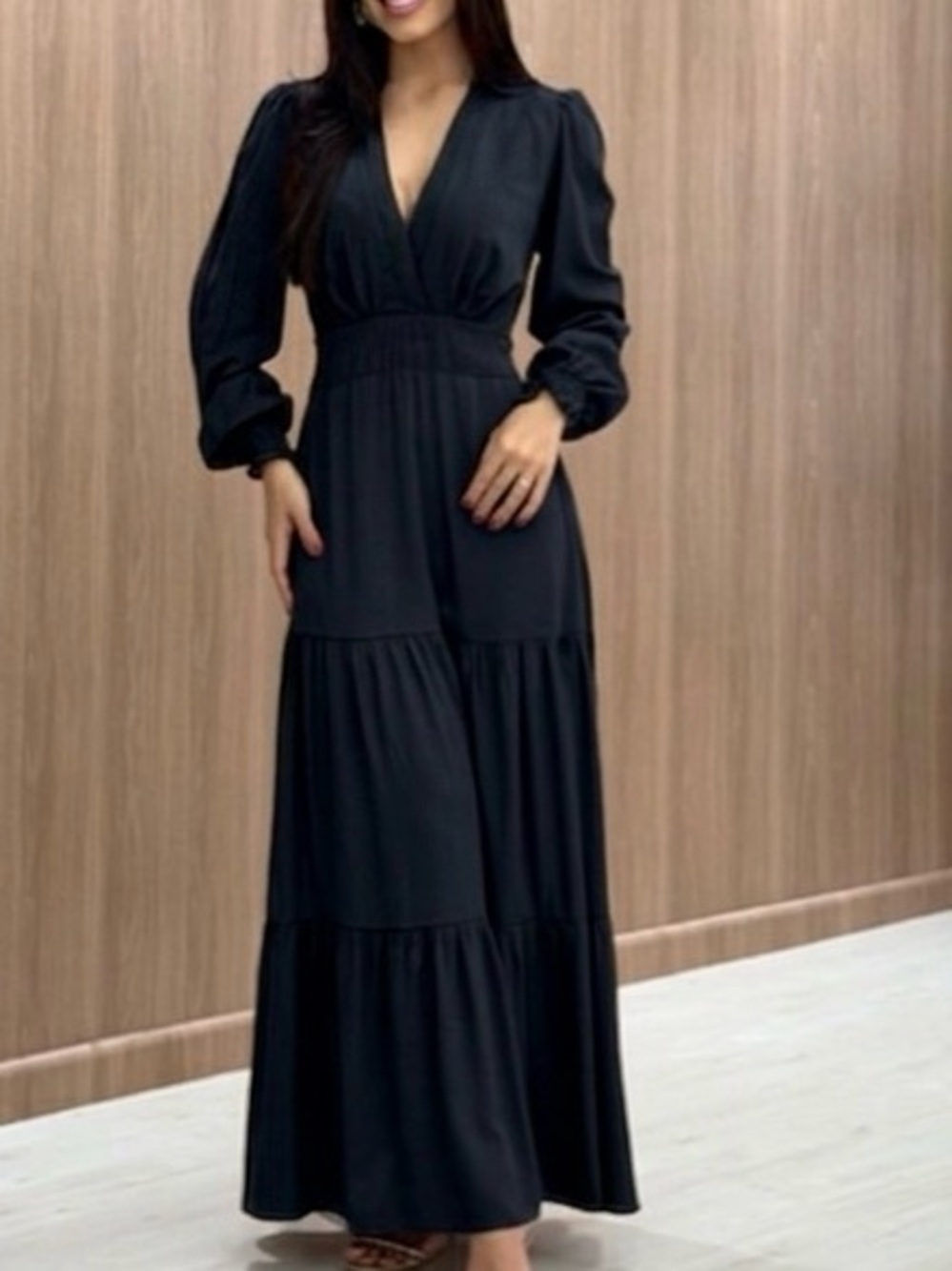 V-Neck Black Tiered Maxi Dress with Smocked Waist